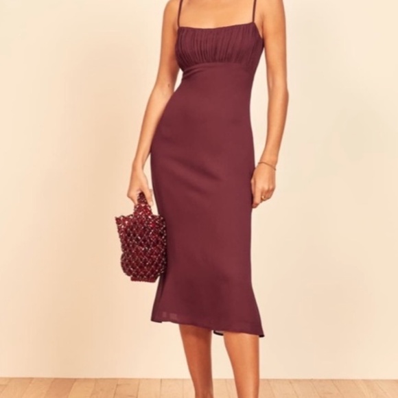 NWT Reformation Arie Midi dress plum burgundy red color with ruched square neck - Picture 1 of 9